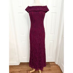 Tadashi Shoji Womens Sangria Embroidered Lace Off Shoulder Evening Gown 6 8